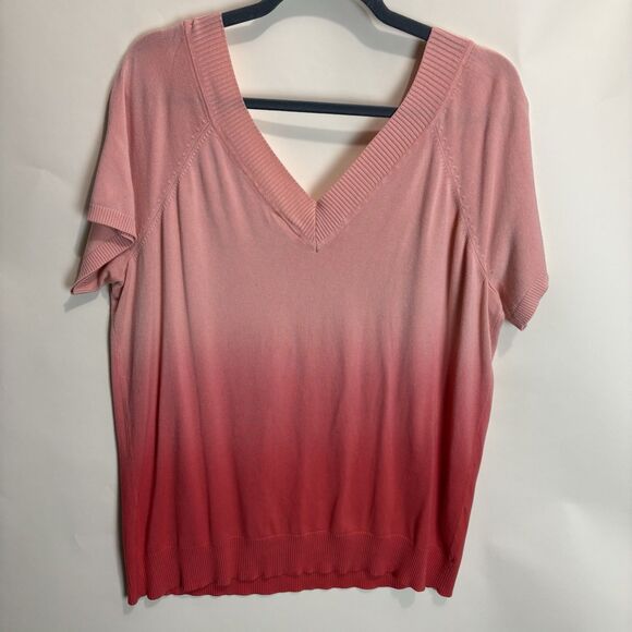 Vtg Fashion Bug Women's V-neck Short Sleeve Sweater Peach Pink Ombré Y2K 18/20 - Picture 6 of 6